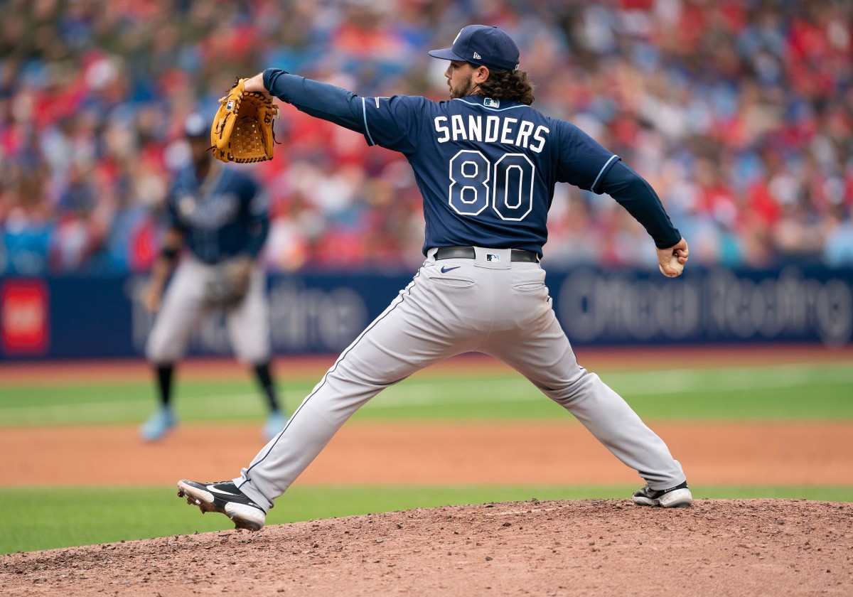 Tampa Bay Rays relief pitcher Phoenix Sanders throws a pitch against the Toronto Blue Jays. (2022)